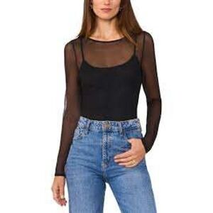 NWT $79 Vince Camuto Womens Black Mesh LS Top Overlay Sheer Tank Set SZ L